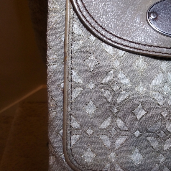 Fossil Leather Trimmed Taupe & Ivory Metallic Brocade Convertible Crossbody - Picture 6 of 15